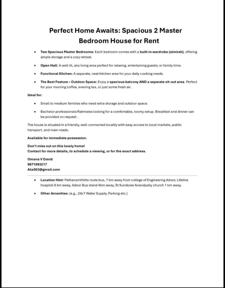 2BHK with balcony and newly built house for rent