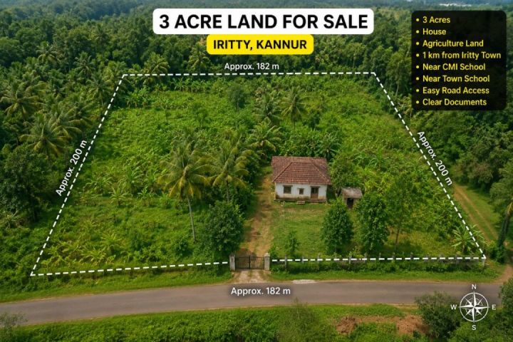 3 Acres of Prime Agricultural Land with House for Sale – Iritty, Kannur
