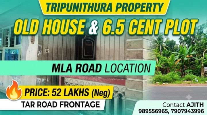 6.5 cent plot with Old House for Sale - MLA Road, Tripunithura