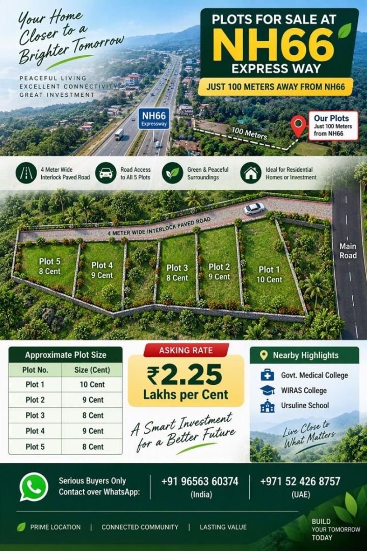 Plots for sale at NH66 Pariyaram